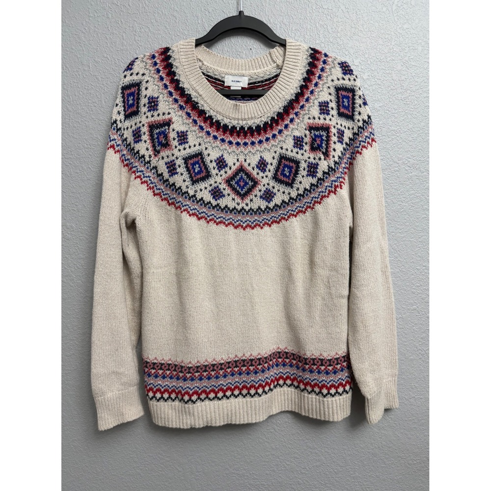 Old Navy Womens XL Fair Isle Sweater Neutral Red Blue Metallic Knit Pullover